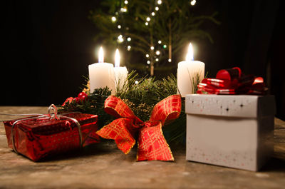 Close-up of christmas decorations on table