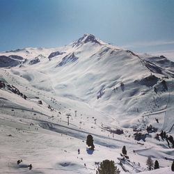 Tourists on snow covered mountain