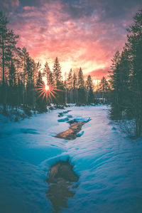 Scenic view of snow covered land during sunset