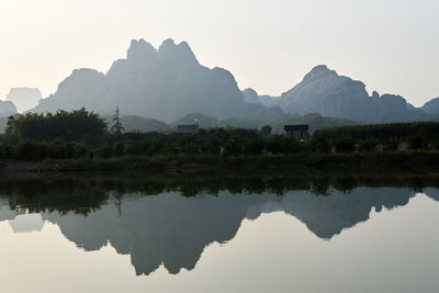 Reflection of trees in lake against sky