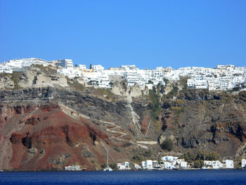 Scenic view of buildings against clear blue sky