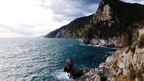 Scenic view of sea and rocks against sky