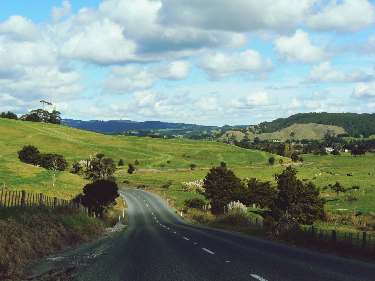 the way forward, road, transportation, sky, landscape, country road, diminishing perspective, tranquil scene, cloud - sky, vanishing point, tranquility, nature, tree, scenics, beauty in nature, cloud, field, empty road, mountain, cloudy