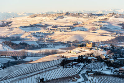 High angle view of snow covered landscape