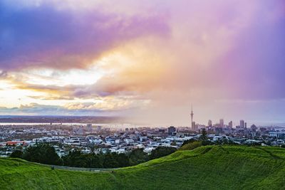 High angle view of city buildings during sunset