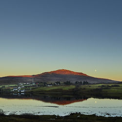 Scenic view of lake against clear sky during sunset