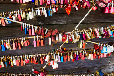 Close-up of padlocks hanging on railing