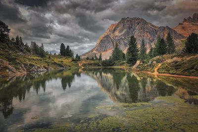 Scenic view of lake and mountains against sky