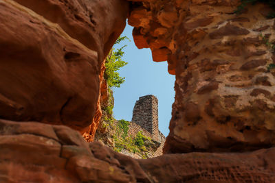 Low angle view of rock formation against sky