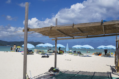 Scenic view of beach against cloudy sky