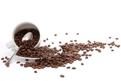 High angle view of coffee beans against white background