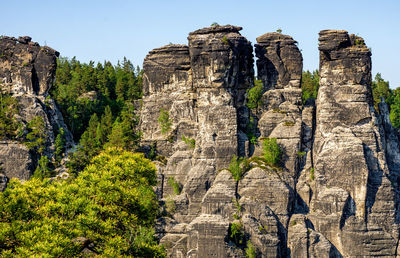 Panoramic view of trees and rock formations against sky