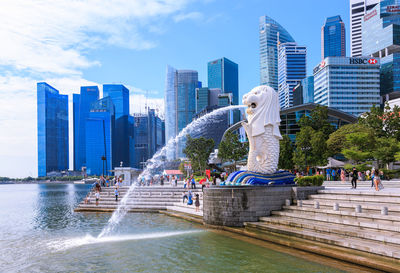 Merlion at marina bay, symbol of singapore. it is a mythical creature with lion head