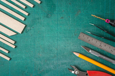 High angle view of multi colored pencils on table