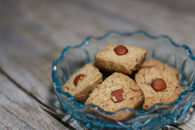 High angle view of cookies in plate on table