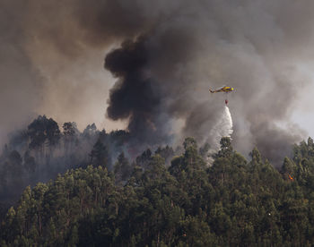 Firefighter helicopter fighting against a forest fire during day in braga, portugal.