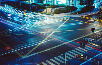 High angle view of city street at night