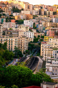 High angle view of buildings in city