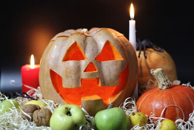 Close-up of pumpkins against black background