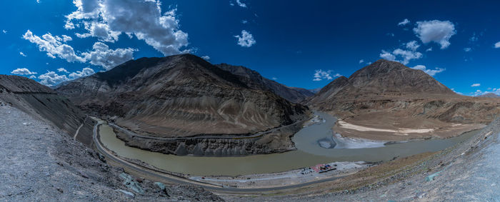 Panoramic view of snowcapped mountains against sky