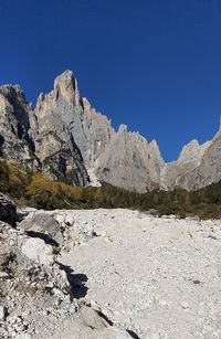 Scenic view of rocky mountains against clear blue sky