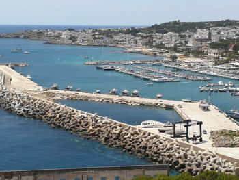 High angle view of harbor by city against sky