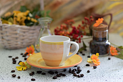 Close-up of coffee served on table