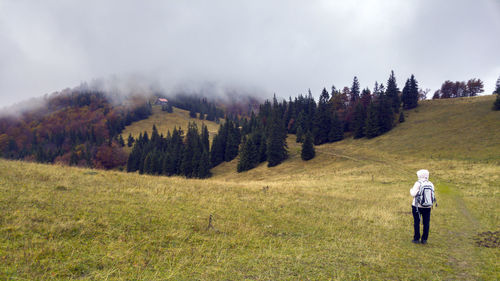 Rear view of woman walking on field against sky