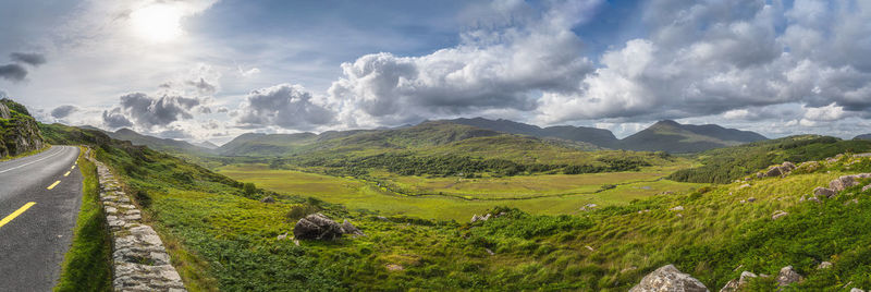 Large panorama with road in molls gap, wild atlantic way, ring of kerry, ireland