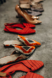 Designer fashionable women's shoes on the floor on the backstage