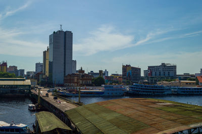 View of the main port of manaus with many boats and ferry