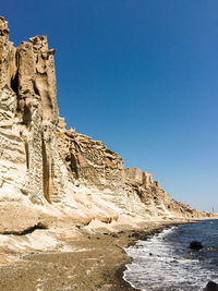 Low angle view of rock formation against clear blue sky