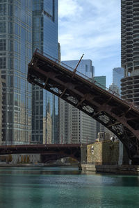 Bridge over river by buildings against sky in city