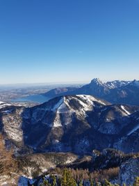 Scenic view of snowcapped mountains against clear blue sky