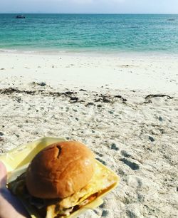 Close-up of bread in plate on beach against sky