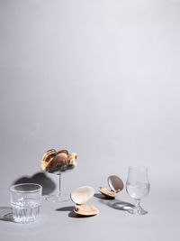 Wine glasses on table against white background