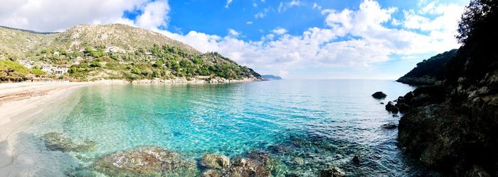 Panoramic view of sea and rocks against sky