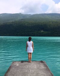 Rear view of young woman standing by sea against sky