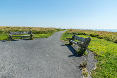 Scenic view of grassy field against clear sky