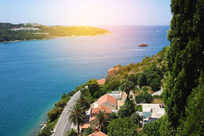 High angle view of swimming pool by sea against sky