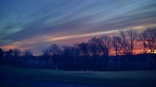 Silhouette trees on field against dramatic sky during sunset