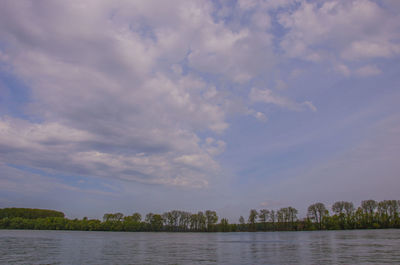 Scenic view of lake against cloudy sky