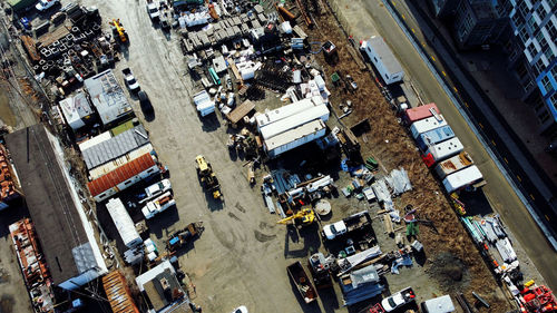 High angle view of train junkyard