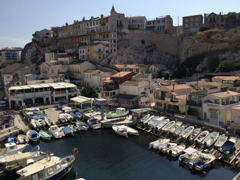 High angle view of buildings in town