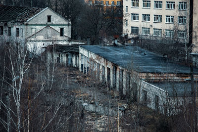 View of the gloomy abandoned buildings of the old factory