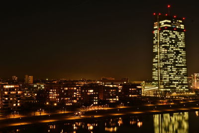 Illuminated city buildings at night