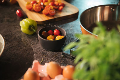 Preparing a variety of food in the kitchen for lunch or dinner