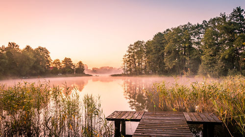 Scenic view of lake against clear sky during sunset