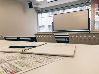 Close-up of meeting room and whiteboard