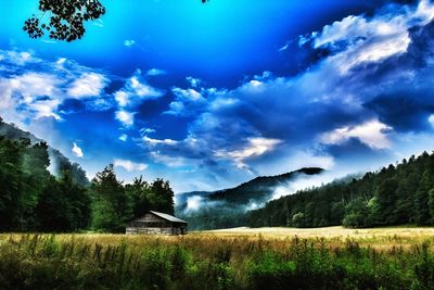 Scenic view of grassy field against cloudy sky